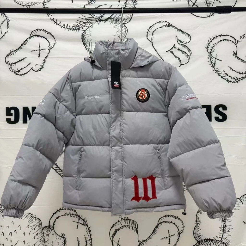 Supreme x Umbro Men Hooded Puffer Jacket Embroidered Football Winter Coat